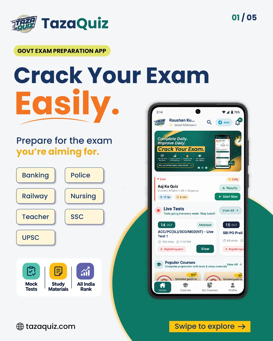 TazaQuiz सरकारी परीक्षा तैयारी ऐप – मॉक टेस्ट, स्टडी मटीरियल और ऑल इंडिया रैंक